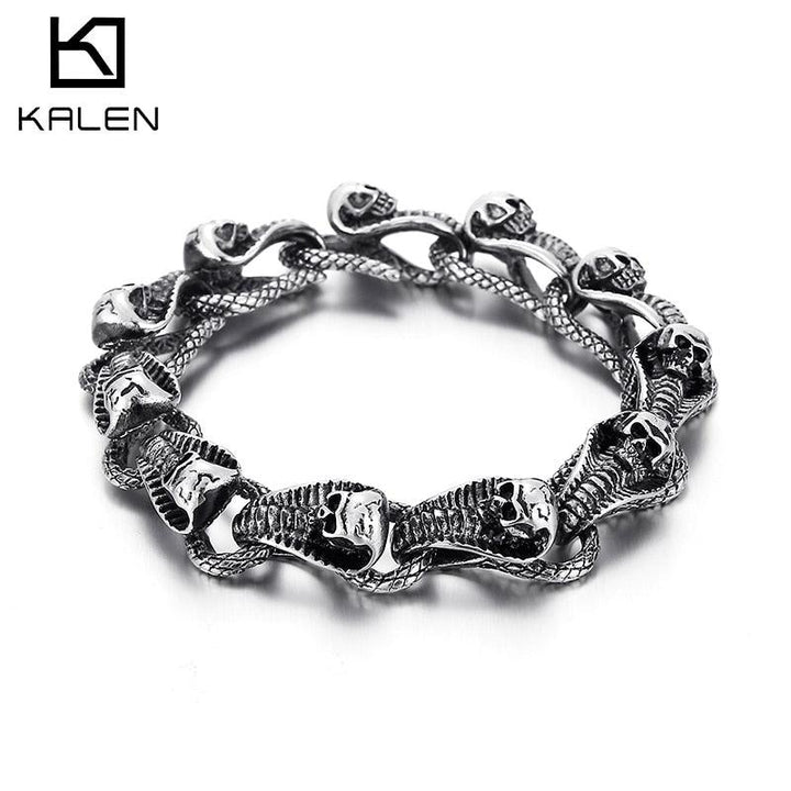 Kalen Snake Shaped Combination Charm Chain Cool Men's Bracelet Blackened Stainless Steel Gothic Animal Fashion Jewelry.