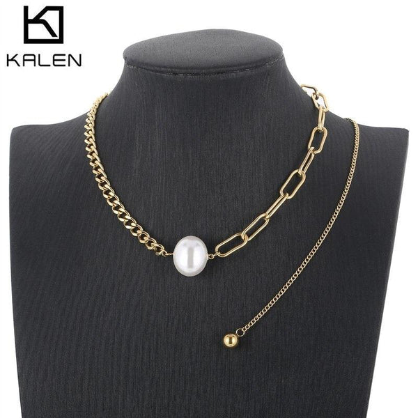 KALEN Special Double Chain Pearl Necklaces For Women Sweet Girl Decorative Fashion Stainless Steel Jewelry Creative Gifts.