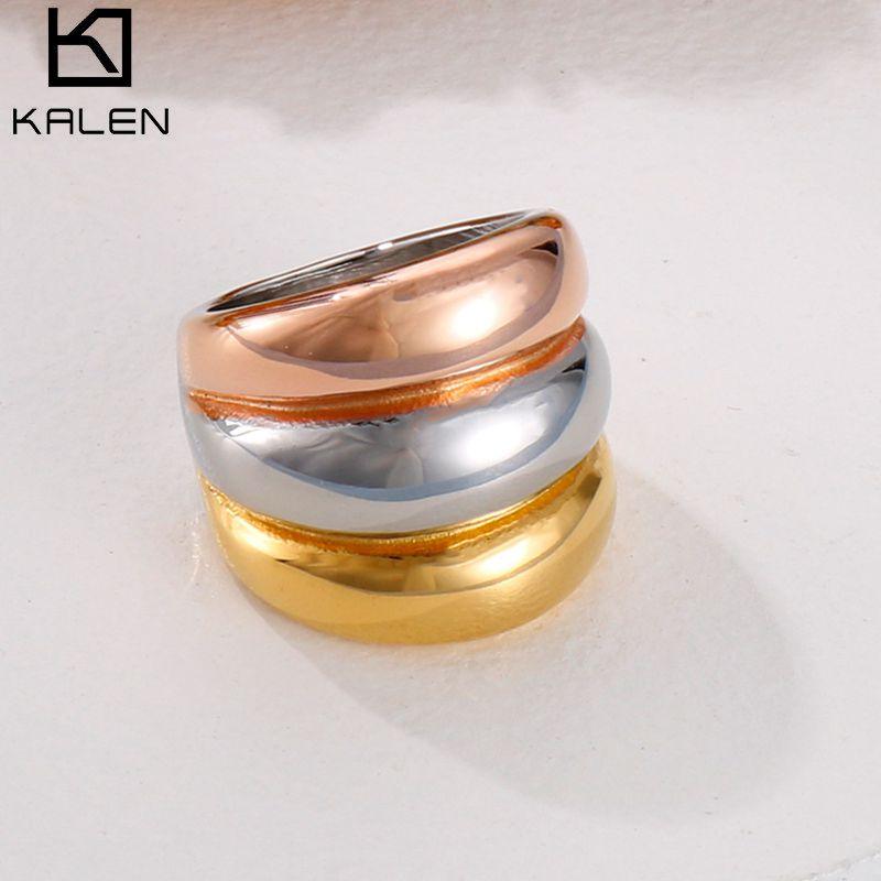 Kalen Stainless Steel 3 Color Rings Women Fashion Jewelry Golden Silver color Rose Golden Unique Cocktail Party Ring.