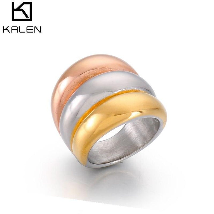 Kalen Stainless Steel 3 Color Rings Women Fashion Jewelry Golden Silver color Rose Golden Unique Cocktail Party Ring.