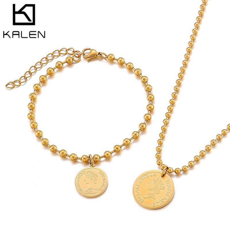 KALEN Stainless Steel Ball Beads Jewelry Set For Women Circle Tag Charm Queen Bracelet Vintage Wrist Necklace Bracelet Set Gifts.