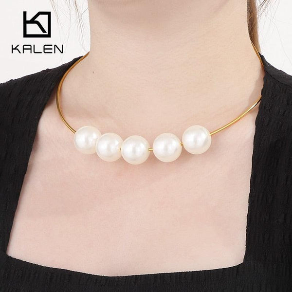 KALEN Stainless Steel Big Pearl Torques For Women Gold Color Cuff Choker Necklaces Mujer Jewelry Opening Hoop Choker.