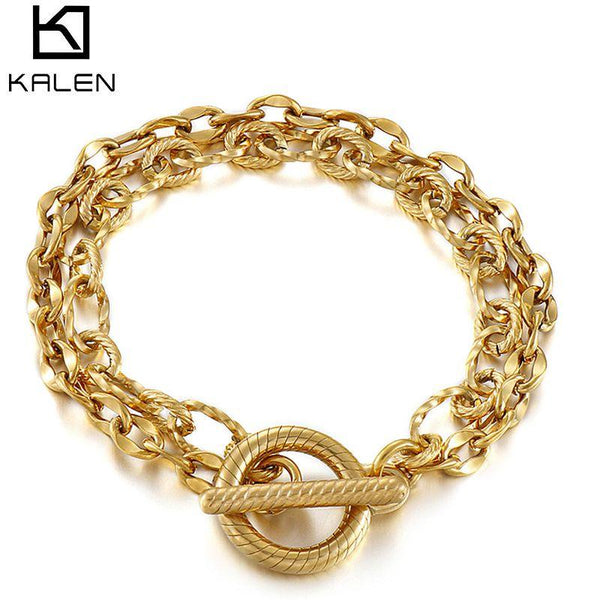 Kalen Stainless Steel Charm Bracelet Double Layer Gold Figaro Chain Bracelets For Men and Women.