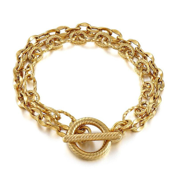 Kalen Stainless Steel Charm Bracelet Double Layer Gold Figaro Chain Bracelets For Men and Women.