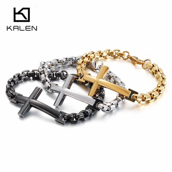 KALEN Stainless Steel Cross Bracelets For Men 22cm GoldMatte Crucifix Charm Box Chain Bracelet Religious Christ Jewelry.