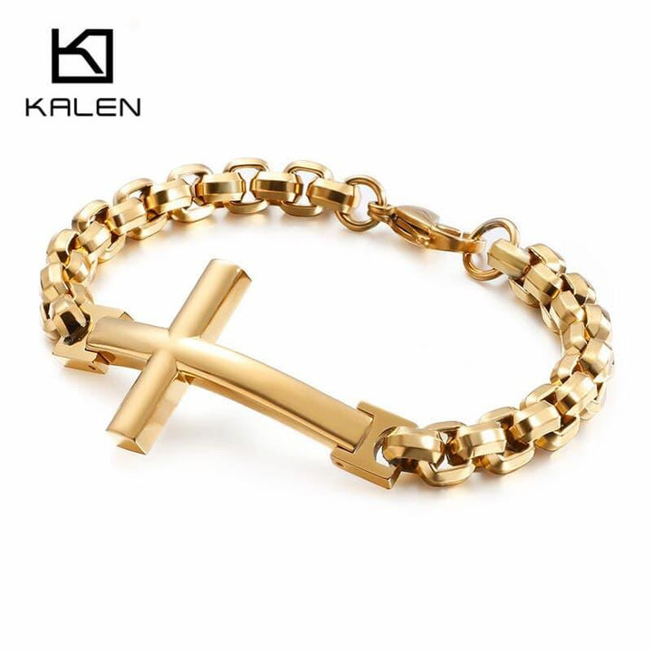 KALEN Stainless Steel Cross Bracelets For Men 22cm GoldMatte Crucifix Charm Box Chain Bracelet Religious Christ Jewelry.