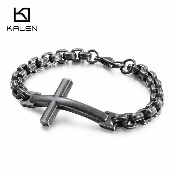 KALEN Stainless Steel Cross Bracelets For Men 22cm GoldMatte Crucifix Charm Box Chain Bracelet Religious Christ Jewelry.