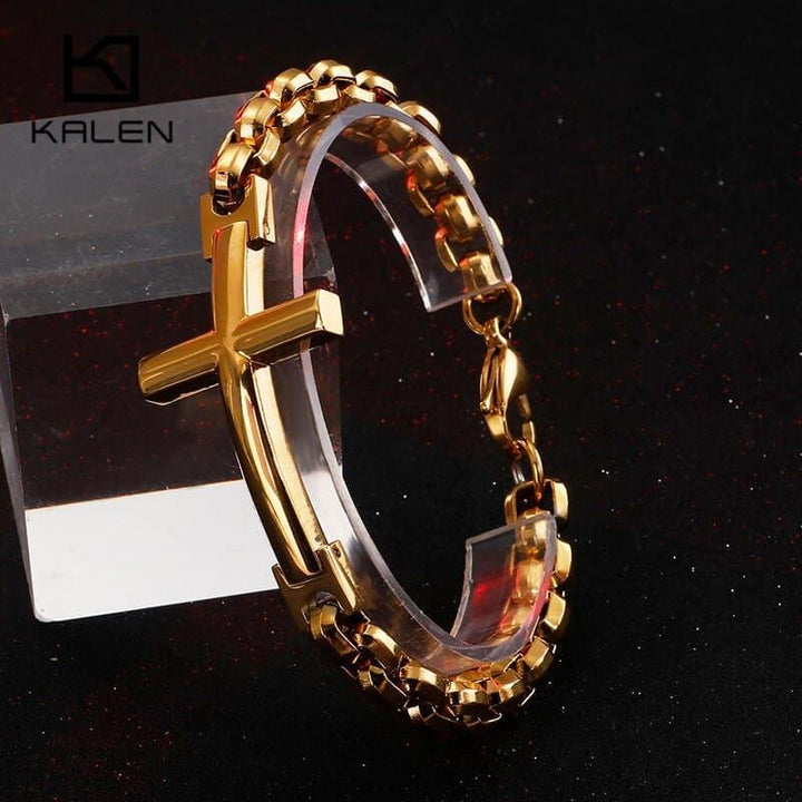 KALEN Stainless Steel Cross Bracelets For Men 22cm GoldMatte Crucifix Charm Box Chain Bracelet Religious Christ Jewelry.