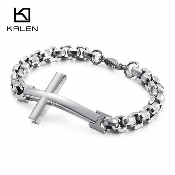 KALEN Stainless Steel Cross Bracelets For Men 22cm GoldMatte Crucifix Charm Box Chain Bracelet Religious Christ Jewelry.