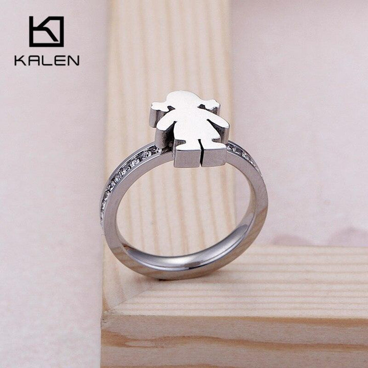 KALEN Stainless Steel Girl Charm Rings For Women Size 6-9 Rhinestone Cartoon Girl Finger Midi Rings Female Jewelry.