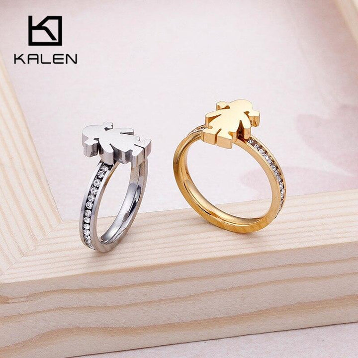 KALEN Stainless Steel Girl Charm Rings For Women Size 6-9 Rhinestone Cartoon Girl Finger Midi Rings Female Jewelry.