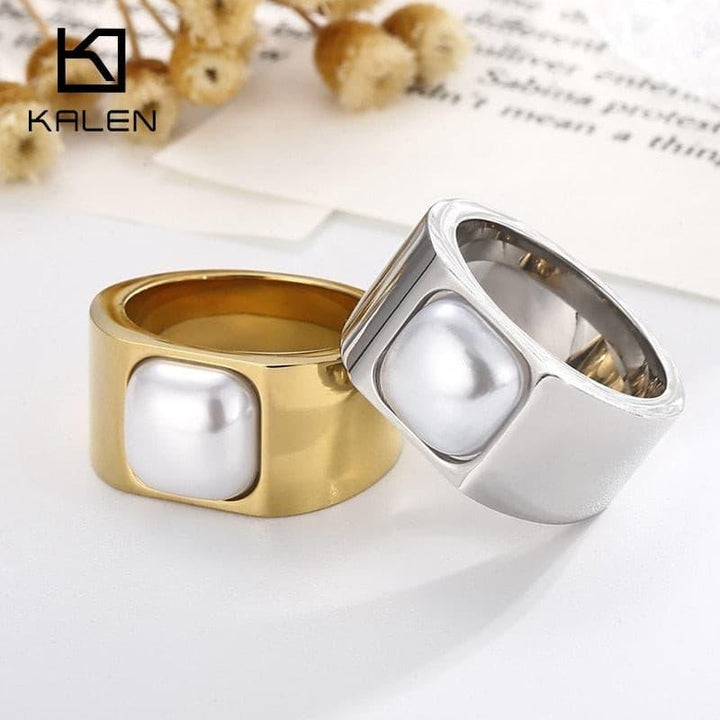 KALEN Stainless Steel Gold Plated Wide Rings For Women Big Square Pearl Finger Ring Vintage Jewelry Best Gift.