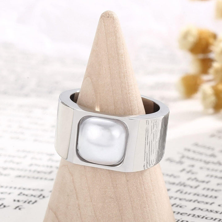 KALEN Stainless Steel Gold Plated Wide Rings For Women Big Square Pearl Finger Ring Vintage Jewelry Best Gift.
