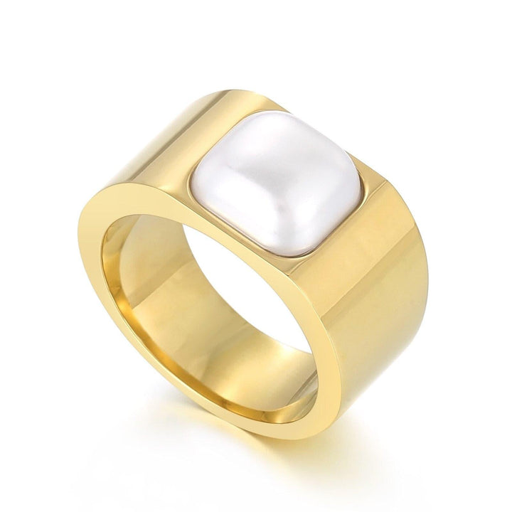 KALEN Stainless Steel Gold Plated Wide Rings For Women Big Square Pearl Finger Ring Vintage Jewelry Best Gift.