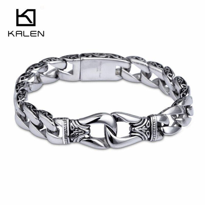 KALEN Stainless Steel Handcuff Charm Bracelet For Men 22cm High Polished Cuban Chain Wristband Homme Jewelry.