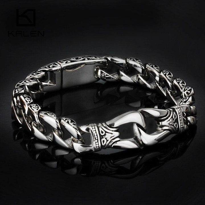 KALEN Stainless Steel Handcuff Charm Bracelet For Men 22cm High Polished Cuban Chain Wristband Homme Jewelry.