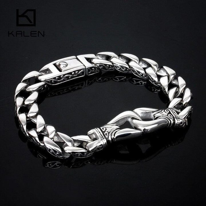 KALEN Stainless Steel Handcuff Charm Bracelet For Men 22cm High Polished Cuban Chain Wristband Homme Jewelry.