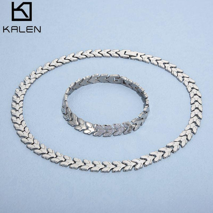 Kalen Stainless Steel Jewelry Set Bridal Wedding Party Jewelry Sets for Women Dubai Silver Never Fade Necklace Bracelet Jewelry.