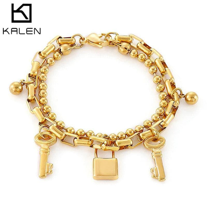 Kalen Stainless Steel Key Lock Bracelets For Women Party Gift Fashion Joyas de Beads Chain Charm Bracelets Jewelry.