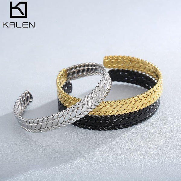 KALEN Stainless Steel Leaves Bangle Bracelet Minimalist Metalic Golden 18 K Cuff Bracelet Waterproof Jewelry Party Gift.