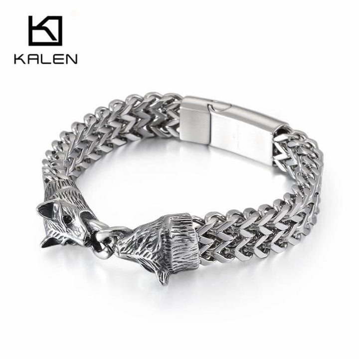 KALEN Stainless Steel Linking Chain Bracelet Men 22CM Animal Wolf Charm Mesh Chain Armband Bangle Male Jewelry.