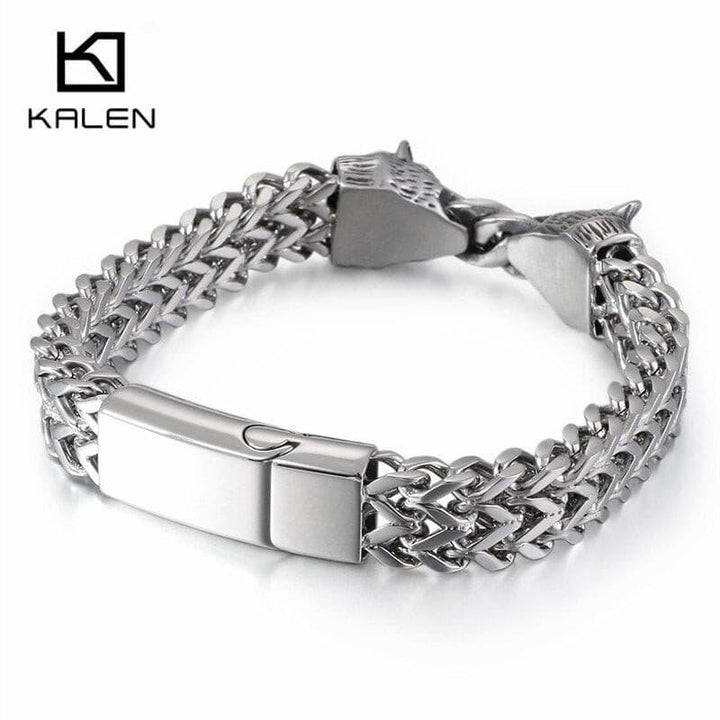 KALEN Stainless Steel Linking Chain Bracelet Men 22CM Animal Wolf Charm Mesh Chain Armband Bangle Male Jewelry.