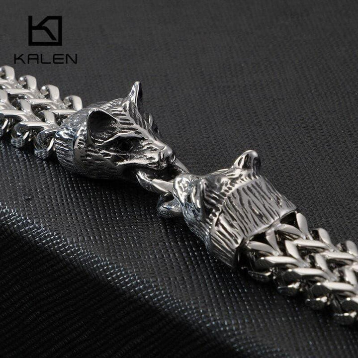 KALEN Stainless Steel Linking Chain Bracelet Men 22CM Animal Wolf Charm Mesh Chain Armband Bangle Male Jewelry.