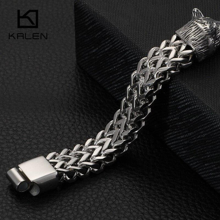 KALEN Stainless Steel Linking Chain Bracelet Men 22CM Animal Wolf Charm Mesh Chain Armband Bangle Male Jewelry.