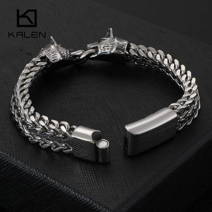 KALEN Stainless Steel Linking Chain Bracelet Men 22CM Animal Wolf Charm Mesh Chain Armband Bangle Male Jewelry.