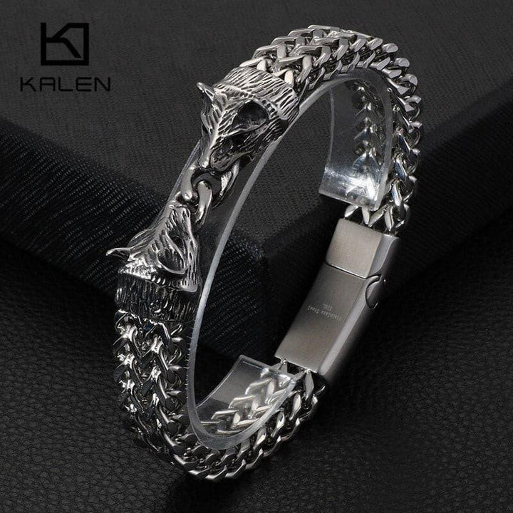 KALEN Stainless Steel Linking Chain Bracelet Men 22CM Animal Wolf Charm Mesh Chain Armband Bangle Male Jewelry.