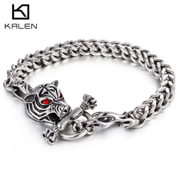 Kalen Stainless Steel Link Chain Red Eyes Tiger Head Charm Bracelet Bangle Gothic Men's Animal Jewelry Accessory.