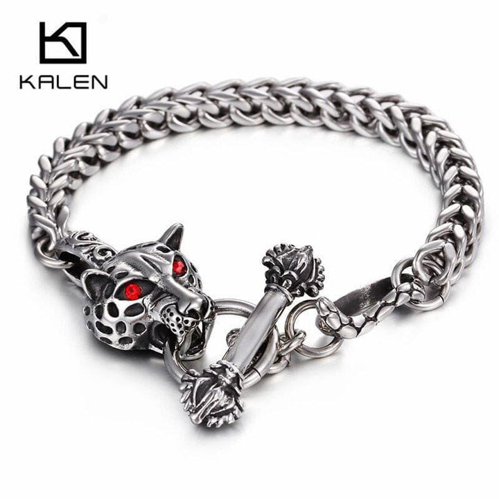 Kalen Stainless Steel Link Chain Red Eyes Tiger Head Charm Bracelet Bangle Gothic Men's Animal Jewelry Accessory.