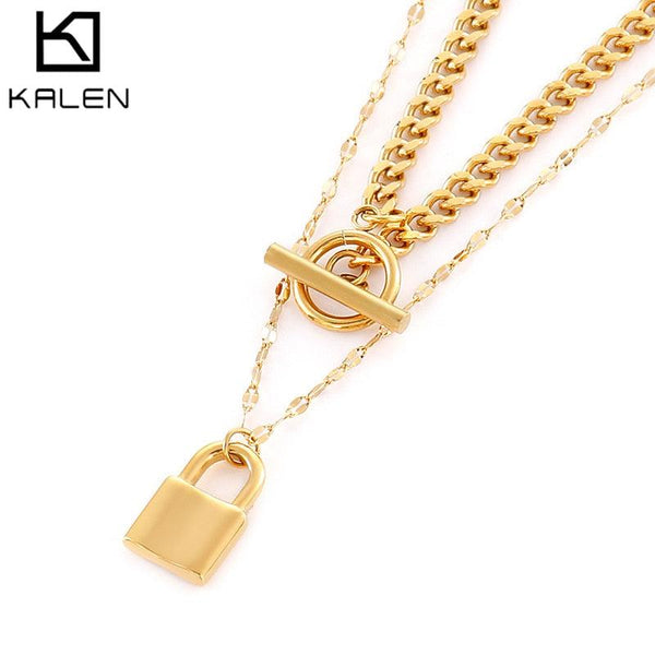 KALEN 100% Stainless Steel Lock Padlock Toggle Necklace For Women Gold/Silver Color Metal Lock Chunky Heavy Duty Chain Choker.