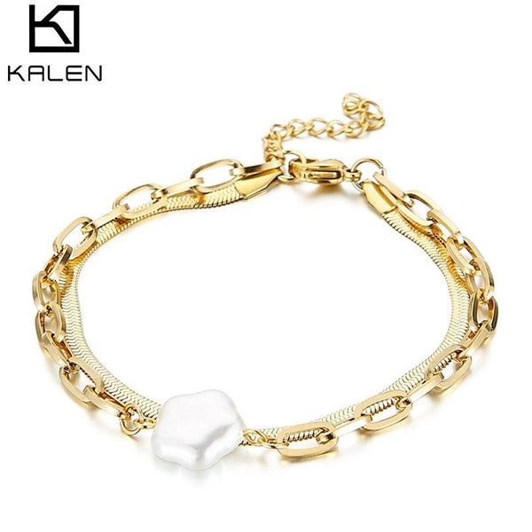KALEN Stainless Steel Pentagram Shell Pearl Bracelet For Women Double Layers Gold Color Snake Chain Fashion Jewelry Girls Gifts.