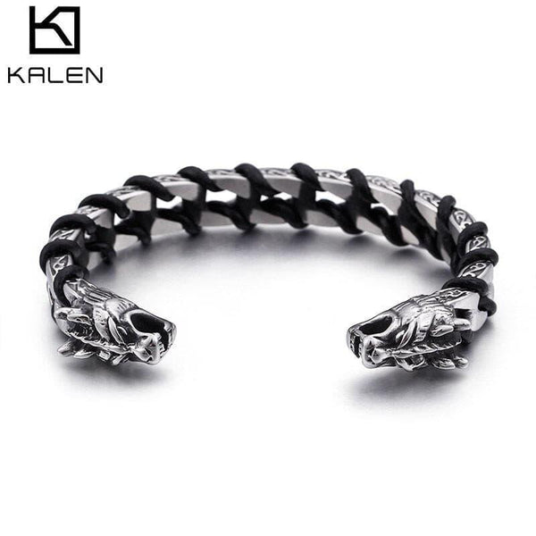 Kalen Stainless Steel Leather Bangles Vintage Metal Viking Wolf Men's Bracelet Charm Jewelry.