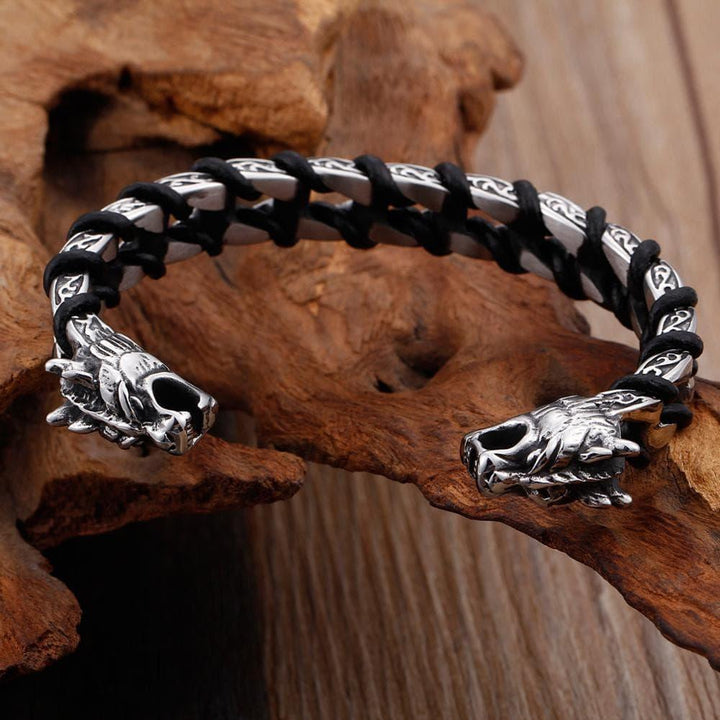 Kalen Stainless Steel Leather Bangles Vintage Metal Viking Wolf Men's Bracelet Charm Jewelry.
