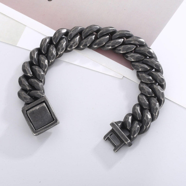 KALEN Street Trendy Men's Vintage Stainless Steel Cuban Chain Bracelet Men's Boiled Black Push Button Bracelet Thick Chain.