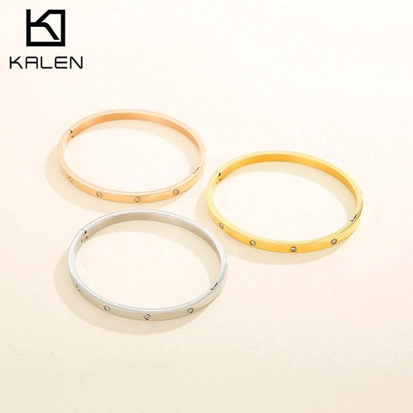 Kalen Three-Color Women's Bracelet Cuff Bangles Female Gold Stainless Steel Wedding Zircon Shiny.