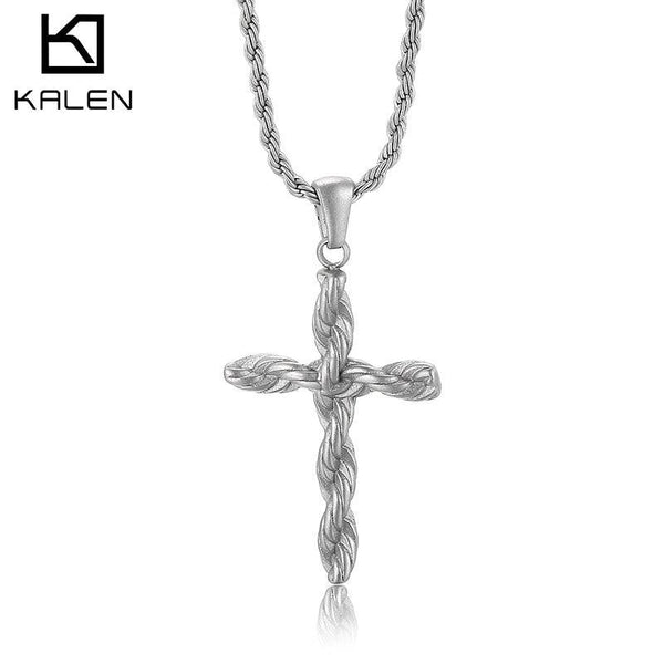 Kalen Trend Twisted Link Cross Unique Charm Stainless Steel Men's Necklace Prayer Jewelry Gifts.