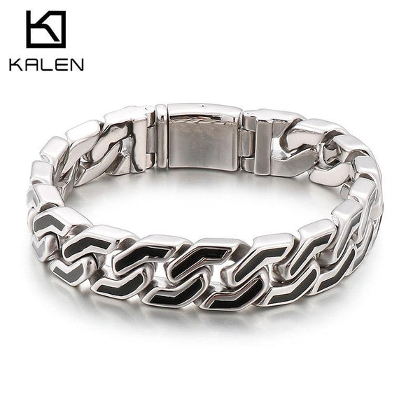 Kalen Trendy15mm Curb Cuban Chain Bracelet For Men 316L Stainless Steel Black Resin Homme Bracelets.