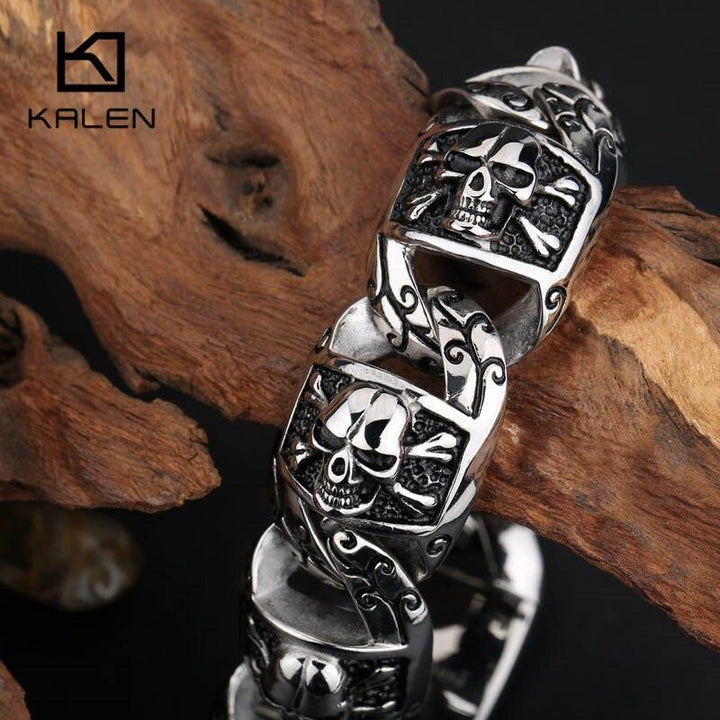 Kalen Viking Skull Charm Bracelet Men Stainless Steel Skeleton Charm Link Chain Bracelet &amp; Bangle Male Rock Accessories.