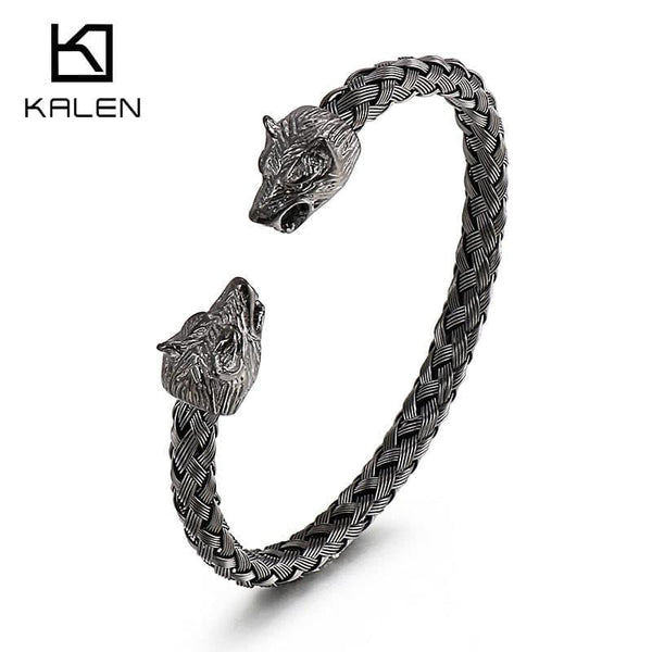 Kalen Viking Animal Bangles Vintage Black Wolf Head Men's Stainless Steel Bracelet Jewelry.