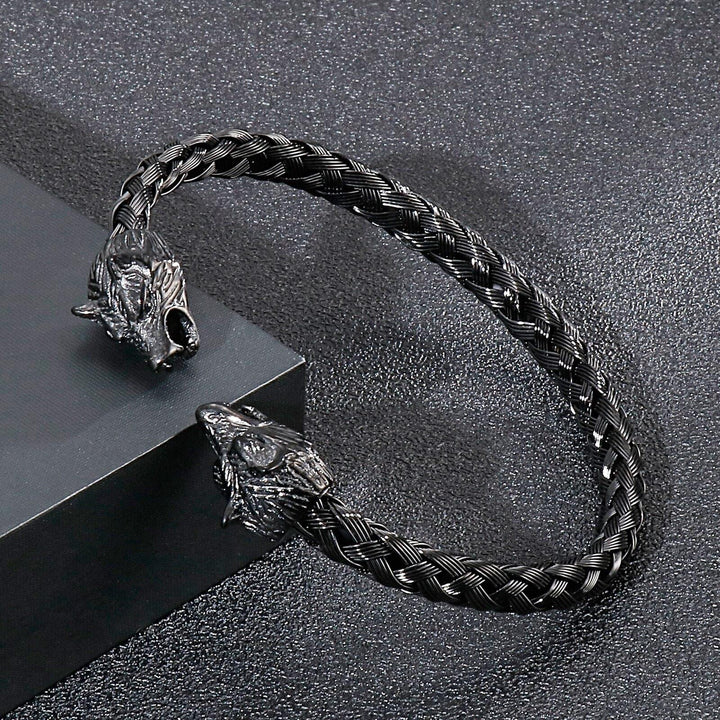 Kalen Viking Animal Bangles Vintage Black Wolf Head Men's Stainless Steel Bracelet Jewelry.