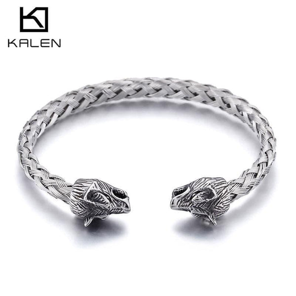 Kalen Trendy Viking Wolf Head Stainless Steel Men's Bangles Punk Nordic Party Accessories Charm.