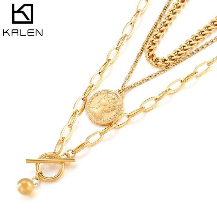 Kalen Vintage 3 Layers Carved Coin Ball Chain Necklace Bohemian Metal Coin Collar Choker Necklace Fashion Women Punk Jewelry.