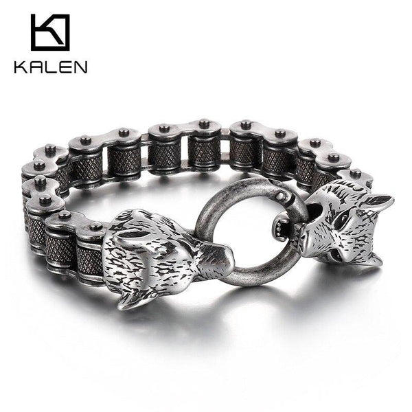 KALEN Vintage Biker Wolf Charm Bracelet Men Stainless Steel Punk Jewelry.