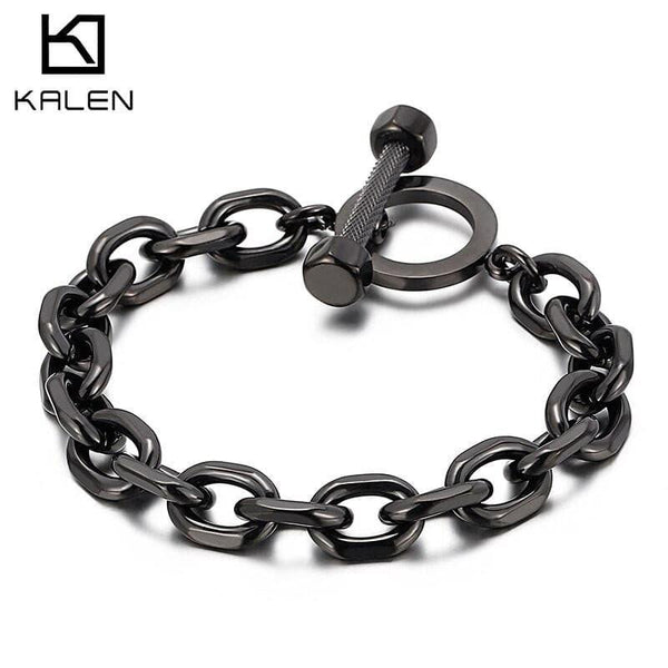 KALEN Vintage Black Stainless Steel Buckle Bracelet 10mm Cuban Thick Chain Men's Metal Gift.