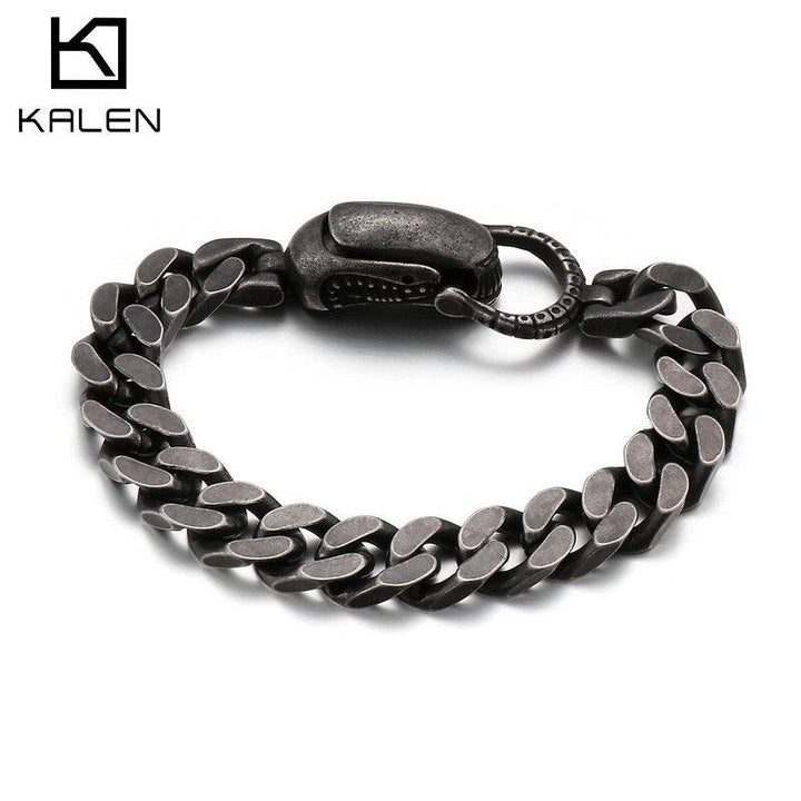 Kalen Vintage Boiled Black Stainless Steel Chain Men's Bracelet Punk High Quality Smooth Lock Link.