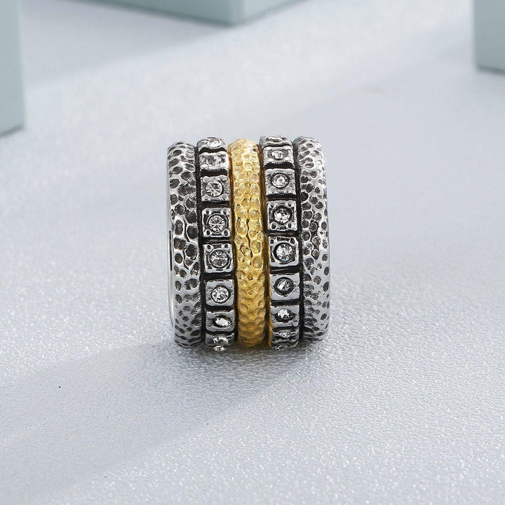 Kalen Vintage Ladies Stainless Steel Zircon Roman Double Row Ring Texture Classic Jewelry.