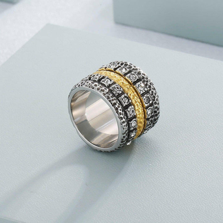 Kalen Vintage Ladies Stainless Steel Zircon Roman Double Row Ring Texture Classic Jewelry.